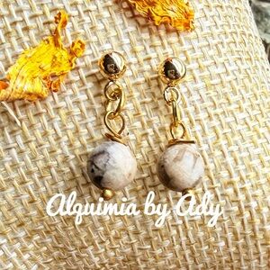 Gold jasper stone dainty dangle stud Earrings